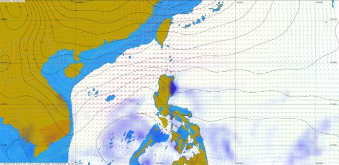 Weather model for 0700 UTC on February 17, 2012, showing a monsoon sweeping through the South China Sea. © Volvo Ocean Race http://www.volvooceanrace.com